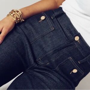 Dark Blue Denim High Rise Jeans with Classic. Comfy, stretchy fabric. Wide legs.